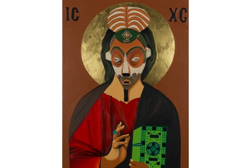 Moridja Kitenge Banza, Christ Pantocrator No20, 2021
Acrylique sur bois, feuille d’or
40 x 30 cm (15,75” x 11,75”)

