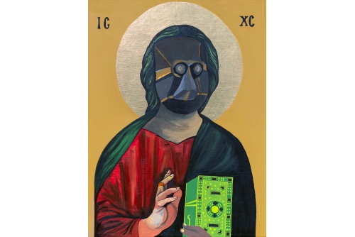 Moridja Kitenge Banza, Christ Pantocrator No10, 2020
Acrylique sur bois, feuille d’or
40 x 30 cm (15,75” x 11,75”)
Collection du Musée d’art contemporain de Montréal
