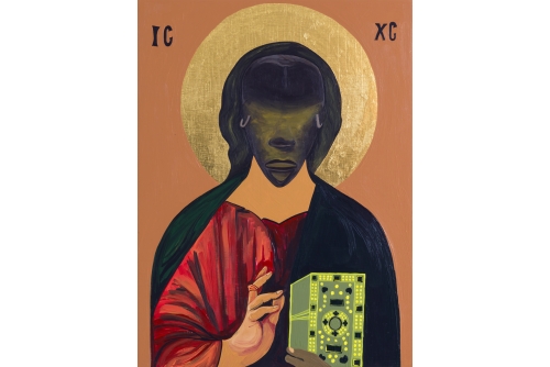 Moridja Kitenge Banza, Christ Pantocrator No13, 2020
Acrylique sur bois, feuille d’or
40 x 30 cm (15,75” x 11,75”)
Collection du AGO, Toronto, Canada
