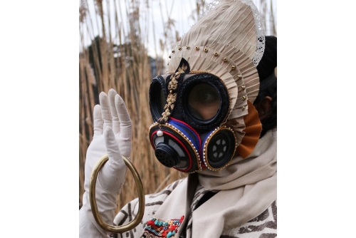 Rajni Perera, I take a journey, you take a journey, we take a journey together / Mask 4, 2020
Textile, leather, beads, lace and thread on gasmask
30,5 x 30,5 x 21,6 cm (12” x 12” x 8,5”)
