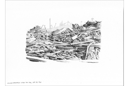 Karen Tam, Nanaimo Chinatown After the Fire, Sept. 30, 1960 (série Ruinscape Drawings), 2020
Crayon sur Strathmore (NON ENCADRÉE)
22,86 x 30,48 cm (9” x 12”)
