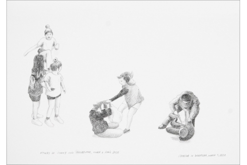 Karen Tam, Attacks in Sydney and Melbourne, March & April 2020 / Stabbing in Brooklyn, March 7, 2020 (série Ruinscape Drawings), 2020
Pencil on Strathmore (UNFRAMED)
22,86 x 30,48 cm (9” x 12”)
