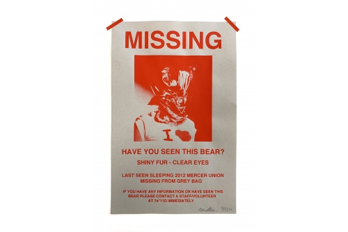 Maria Hupfield, Missing Bear (Partial Recall), 2014
Hand printed silkscreen, red acid free tape (FRAMED)
43 x 28 cm (17” x 11”)
