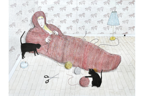 Allie Gattor, Cozy, 2022
Stylo, crayon, encre et aquarelle sur papier (NON ENCADRÉE)
63,5 x 48,25 cm (25” x 19”)
