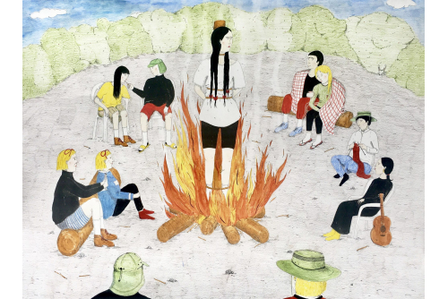 Allie Gattor, Campfire, 2022
Stylo, crayon, encre et aquarelle sur papier
53 x 74 cm (21” x 29”)
