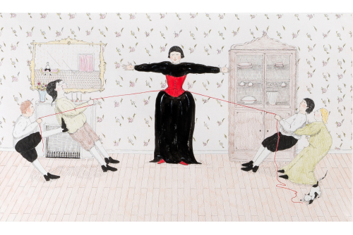 Allie Gattor, Corset, 2022
Stylo, crayon, encre et aquarelle sur papier
30,5 x 51,4 cm (12” x 20,25”)
