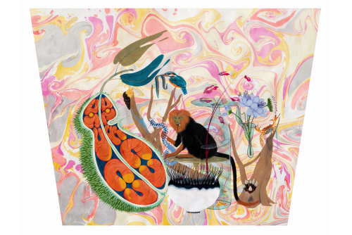 Rajni Perera, Lagoon, 2023
Gouache acrylique, craie, fusain, encre et crayon sur papier marbré fait main
117 x 168 cm (46” x 66”) – trapézoïdal
