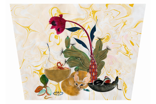 Rajni Perera, Desert, 2023
Gouache acrylique, craie, fusain, encre et crayon sur papier marbré fait main
117 x 168 cm (46” x 66”) – trapézoïdal
Vendue
