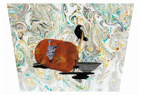Rajni Perera, Tundra, 2023
Acrylic gouache, chalk, charcoal, gel pen and pencil on hand marbled paper
117 x 168 cm (46” x 66”) – trapezoidal
