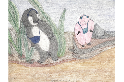 Shuvinai Ashoona, My seal with iPod and my pig with iPod, one from water, one from top of earth, 2022
Graphite, coloured pencil and Ink on paper [FRAMED]
58.5 x 76 cm (23 ” x 30 “)
