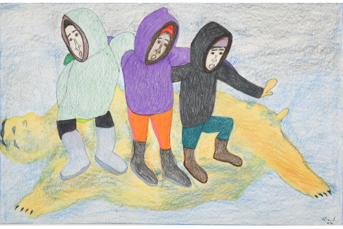 Shuvinai Ashoona, Stomping on Polar Bear Skin, 2023
Coloured pencil and ink on paper [FRAMED]
38 x 58.7 cm (15” x 23.1“)
