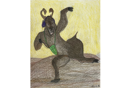 Shuvinai Ashoona, Dancing Caribou Listening to iPod, 2023
Crayon de couleur et encre sur papier [NON-ENCADRÉE]
33.1 x 27.3 cm (13” x 10,75“)
