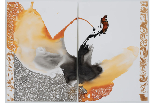 Farzaneh Rezaei, Ruptures, 2022
Ink and saffron on paper (FRAMED)
50 x 70 cm (19,7” x 27,6”)
