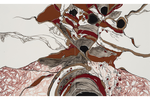 Farzaneh Rezaei, Paysages parallèles, 2023
Ink and red oxide pigment on paper (UNFRAMED)
Total dimensions: 43 x 70 cm (17” x 27,6”)
