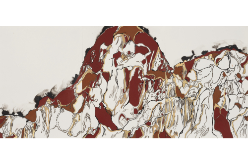 Farzaneh Rezaei, Paysages parallèles, 2023
Ink and red oxide pigment on paper (UNFRAMED)
38 x 84 cm (15” x 33”)
