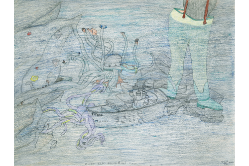 Shuvinai Ashoona, Inside the water, showing the high tide, 2023
Crayon de couleur et encre sur papier
58,4 x 76 cm (23” x 30“)
