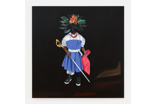 Moridja Kitenge Banza, Judith emportant la tête d’Holopherne, 2024
Acrylique sur toile
152.5 x 152.5 cm (60” x 60”)
