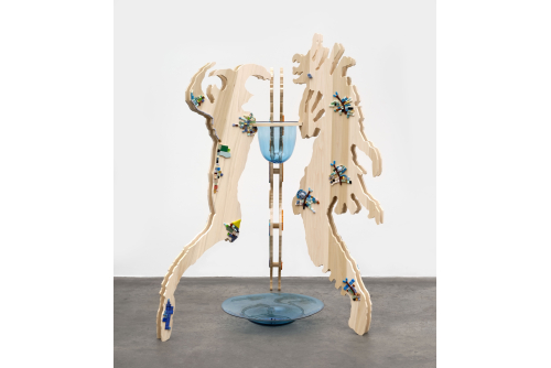 Cindy Phenix, Dissolves the Ghostly Appearance of Bathing a Deep Perception, 2025
Wood, mosaic, and blown glass
180 x 167.6 x 127 cm
(71 x 66 x 50″)
